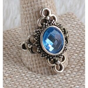 Vintage Blue Glass Statement Ring‎ Silver Tone Filigree Boho Gypsy Size 9